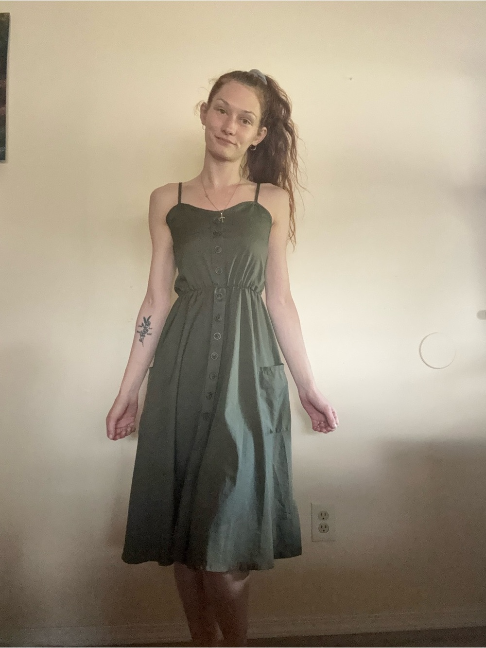 Sleeveless Olive Green Button-Front Midi Dress